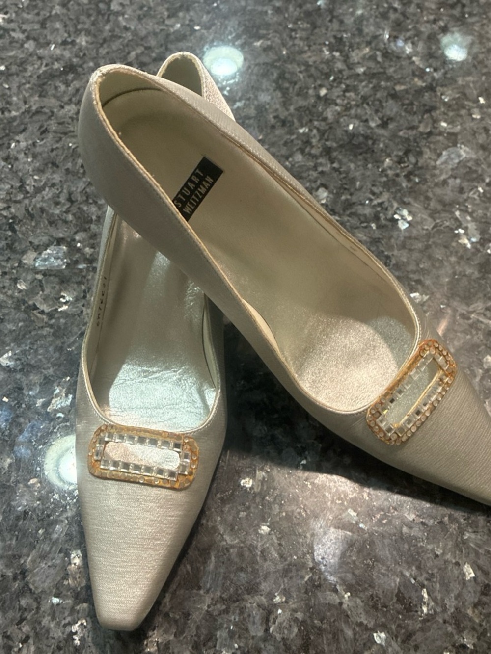 Stuart Weitzman silver Satin Pointed-Toe Flats with Crystal-Trim Buckle - Picture 1 of 3
